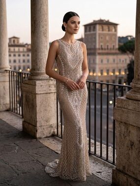 Beige Embellished Sheath Prom Dress - Women Dresses